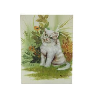 Vintage Signed Oil Painting Kitten Cat Mid-Century Modern Avocado Green T Peak